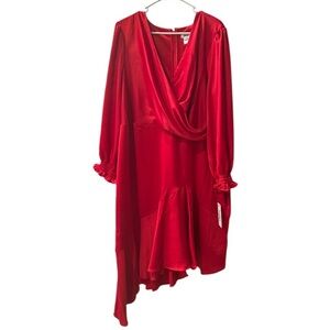 Dkny  Red Asymmetrical Ruffled Dress with Long Bishop Sleeves, size 18W.‎